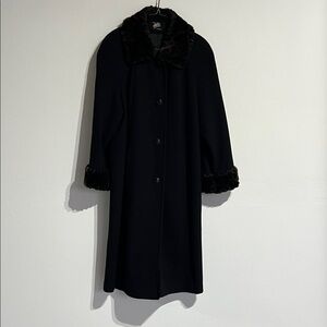 VINTAGE JOD 100% Wool Black Coat with Faux Fur Trim, made in the USA.
